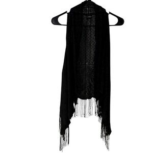 Day trip Black Crochet Acetate Bohemian Western Tussle Fringe Vest Size Large